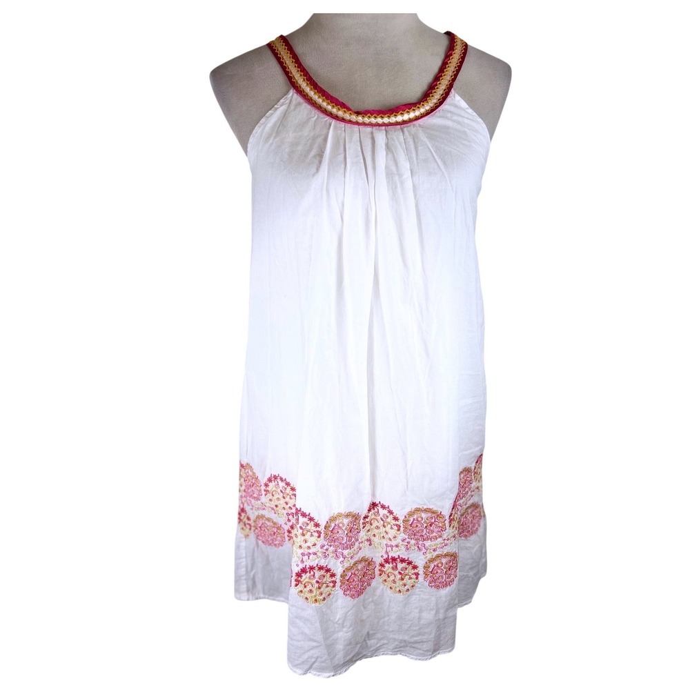 Aryeh Sleeveless Embroidered Shift Dress White Pink & Yellow Boho Women Medium